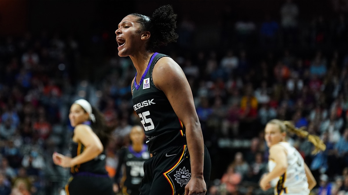 Connecticut Sun forward Alyssa Thomas (25) reacts after her basket against the Indiana Fever in the second half.