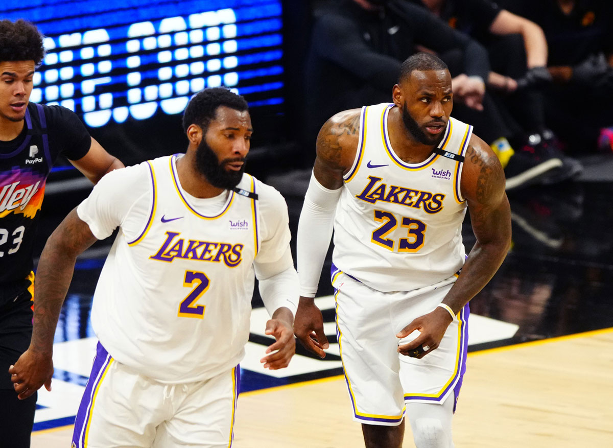 Los Angeles Lakers forward LeBron James (23) and center Andre Drummond (2) against the Phoenix Suns during game one in the first round of the 2021 NBA Playoffs. at Phoenix Suns Arena.