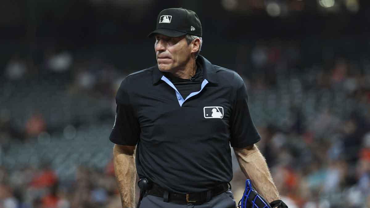 Home plate umpire Angel Hernandez during the game between the Houston Astros and the Cleveland Guardians at Minute Maid Park.
