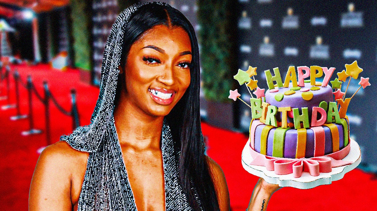 Chicago Sky player Angel Reese at the 2024 Met Gala, walking on a red carpet with a birthday cake