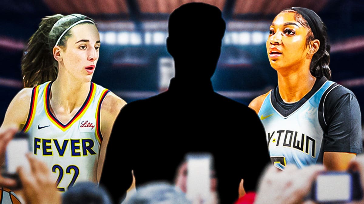 Chicago Sky forward Angel Reese with Indiana Fever guard Caitlin Clark and a silhouette of a man with a question mark in the middle. There is also a logo for the WNBA.