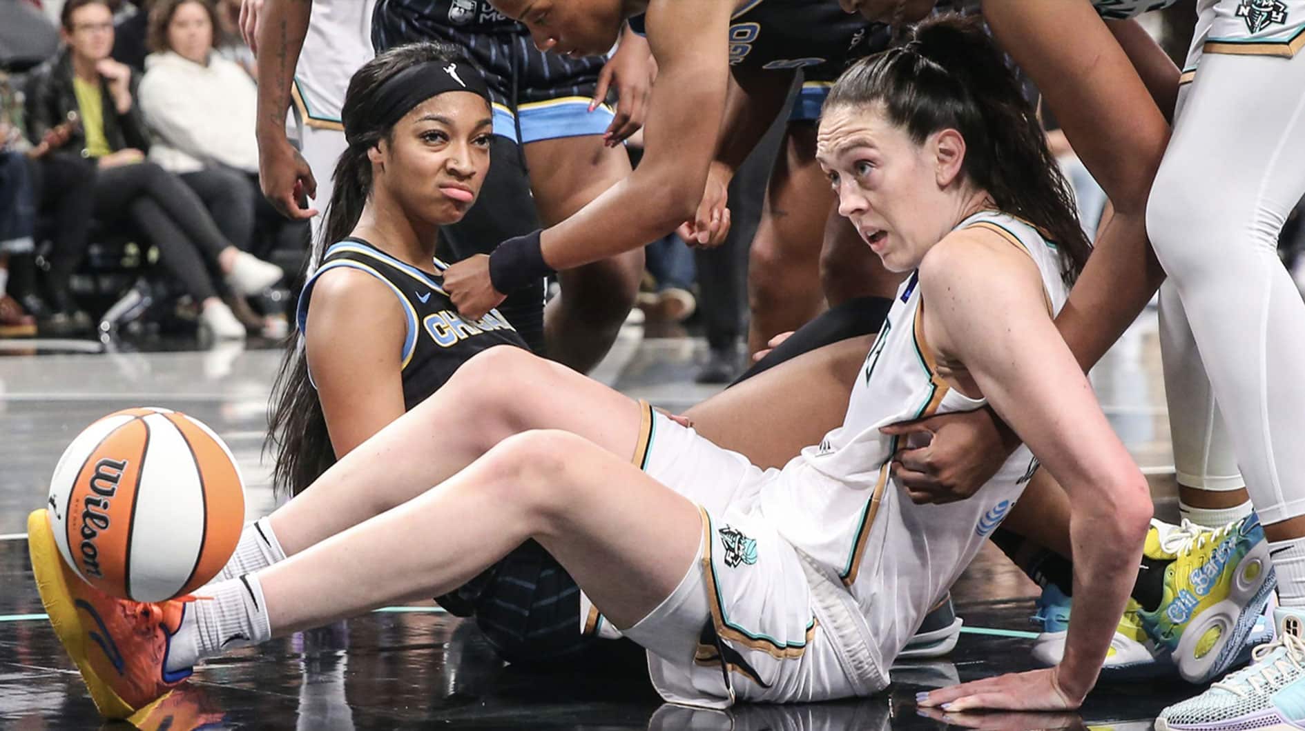 Chicago Sky forward Angel Reese (5) reacts after being fouled by New York Liberty forward Breanna Stewart (30) in the fourth quarter at Barclays Center.