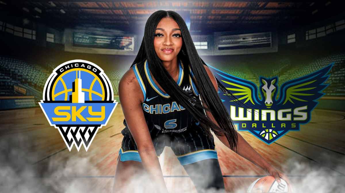 Sky's Angel Reese stands next to Wings logo