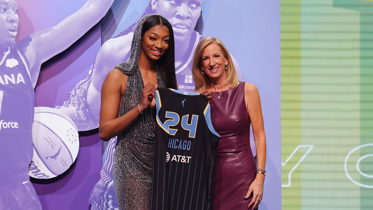 Angel Reese poses with WNBA commissioner Cathy Engelbert after she is selected with the number seven overall pick to the Chicago Sky n the 2024 WNBA Draft at Brooklyn Academy of Music.
