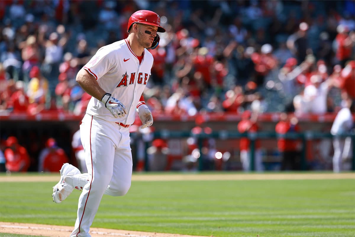 Los Angeles Angels designated hitter Mike Trout (27) runs around bases after hitting a home run during the sixth inning against the Baltimore Orioles at Angel Stadium.