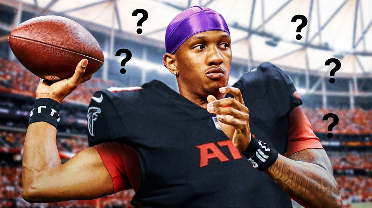Photo: Michael Penix Jr in Falcons jersey throwing football, question marks all around him