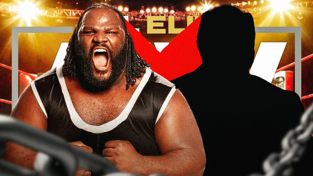Mark Henry next to the blacked-out silhouette of Arn Anderson with a crossed out AEW logo as the background.