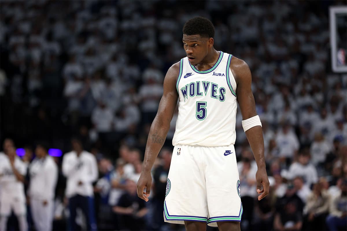 Minnesota Timberwolves guard Anthony Edwards (5) reacts in the fourth quarter against the Dallas Mavericks during game one of the western conference finals for the 2024 NBA playoffs at Target Center.