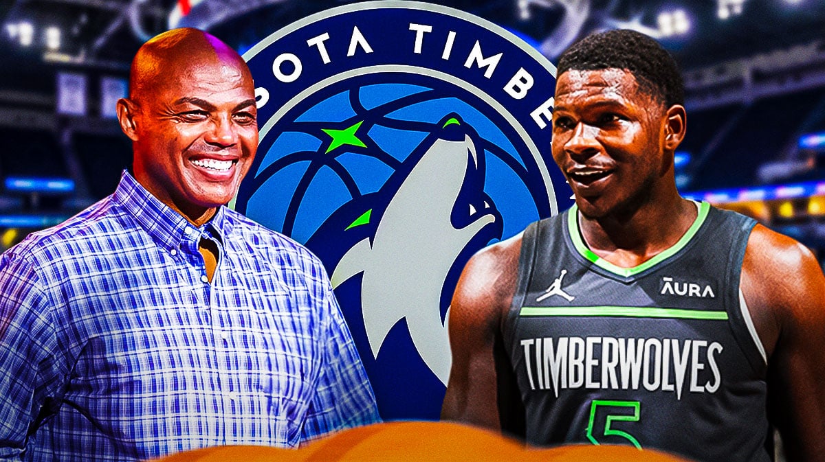 Minnesota Timberwolves' Anthony Edwards stands next to Charles Barkley, Nuggets logo in background