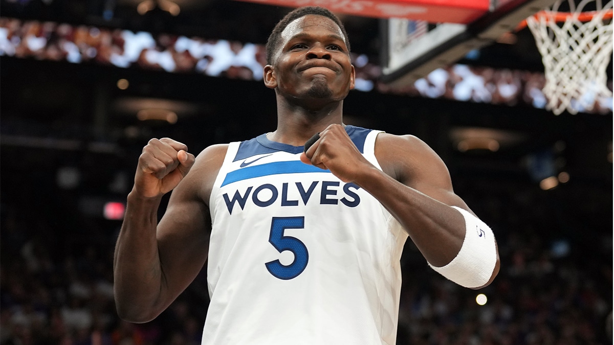 Minnesota Timberwolves guard Anthony Edwards (5) reacts against the Phoenix Suns during the first half of game four of the first round for the 2024 NBA playoffs at Footprint Center.