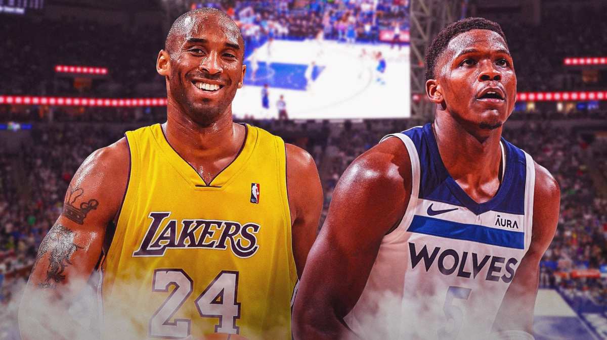 Anthony Edwards alongside Kobe Bryant with the Timberwolves arena in the background, Nuggets