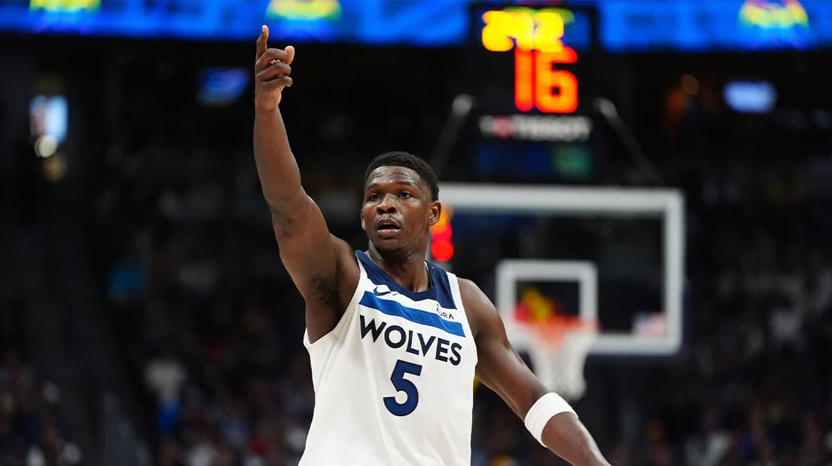 Minnesota Timberwolves guard Anthony Edwards (5) during the second quarter against the Denver Nuggets during game one of the second round for the 2024 NBA playoffs at Ball Arena.