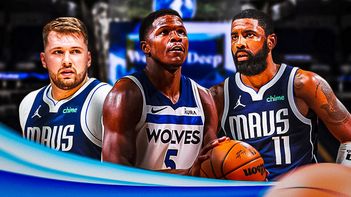 Timberwolves' Anthony Edwards with Mavericks' Luka Doncic and Kyrie Irving
