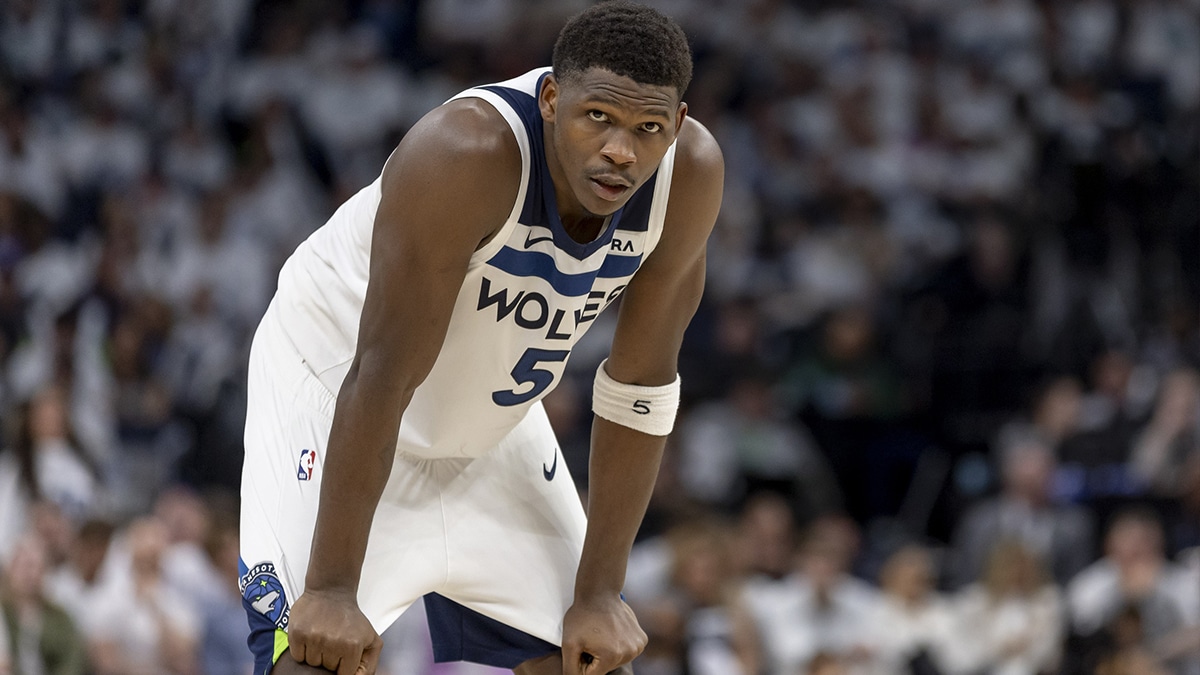 Minnesota Timberwolves guard Anthony Edwards (5) looks on against the Denver Nuggets in the second half during game three of the second round for the 2024 NBA playoffs at Target Center. 