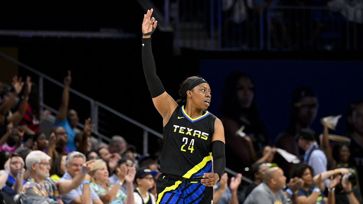 Dallas Wings guard Arike Ogunbowale (24) celebrates during the second half against the Los Angeles Sparks at College Park Center.