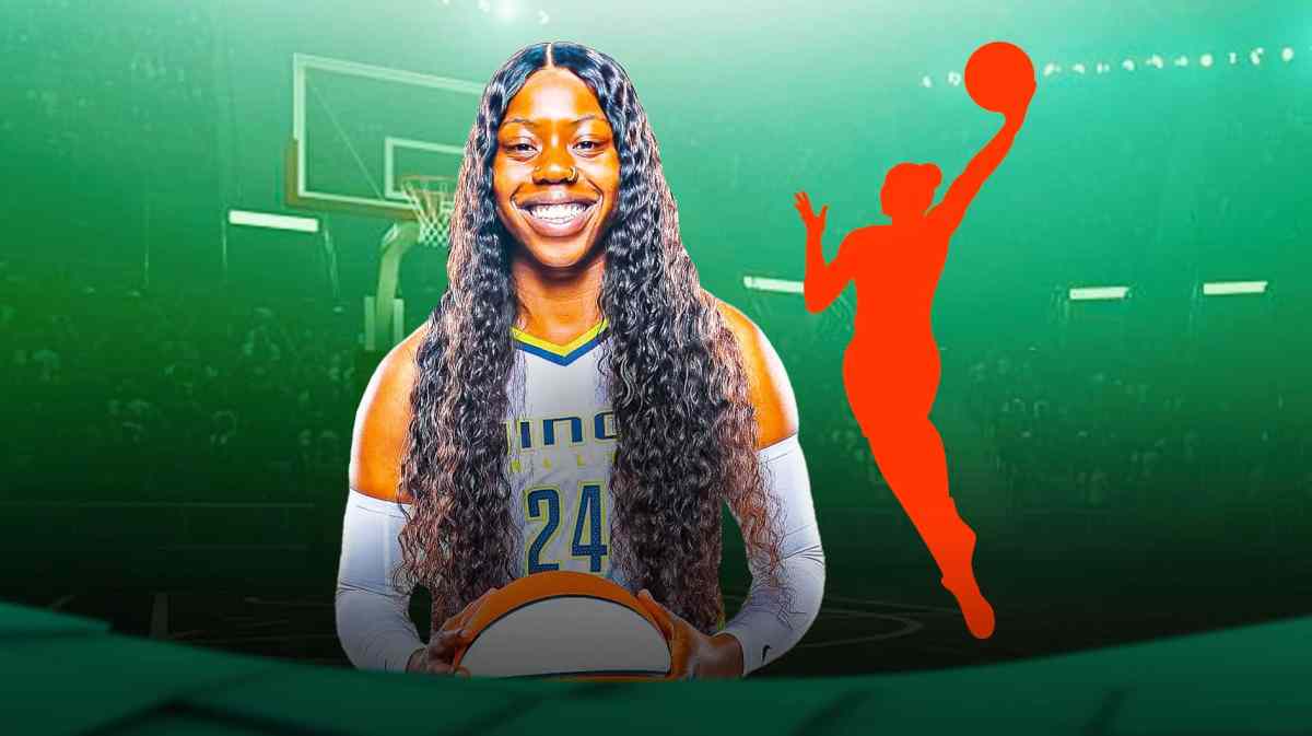 Wings' Arike Ogunbowale smiling on left. On right, place the WNBA's 2024 logo.