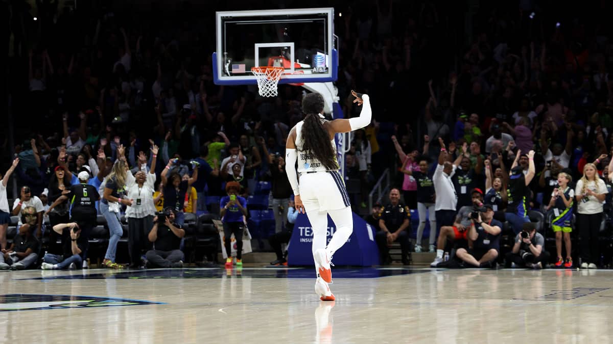 Dallas Wings guard Arike Ogunbowale (24) reacts after scoring during the fourth quarter against the Indiana Fever at College Park Center.