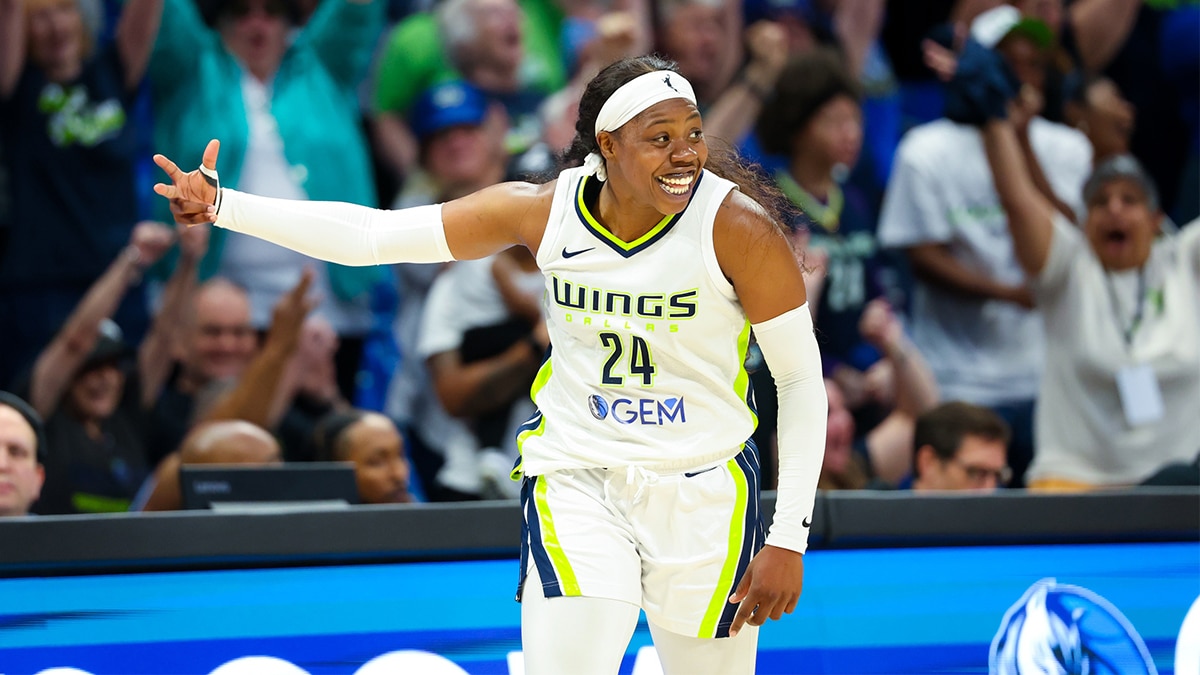 Dallas Wings guard Arike Ogunbowale (24) reacts after scoring during the fourth quarter against the Chicago Sky at College Park Center.