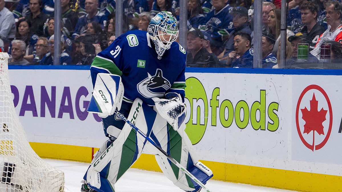 Vancouver Canucks goalie Arturs Silvos (31) handles the puck against the Edmonton Oilers during the second period in game two of the second round of the 2024 Stanley Cup Playoffs at Rogers Arena.