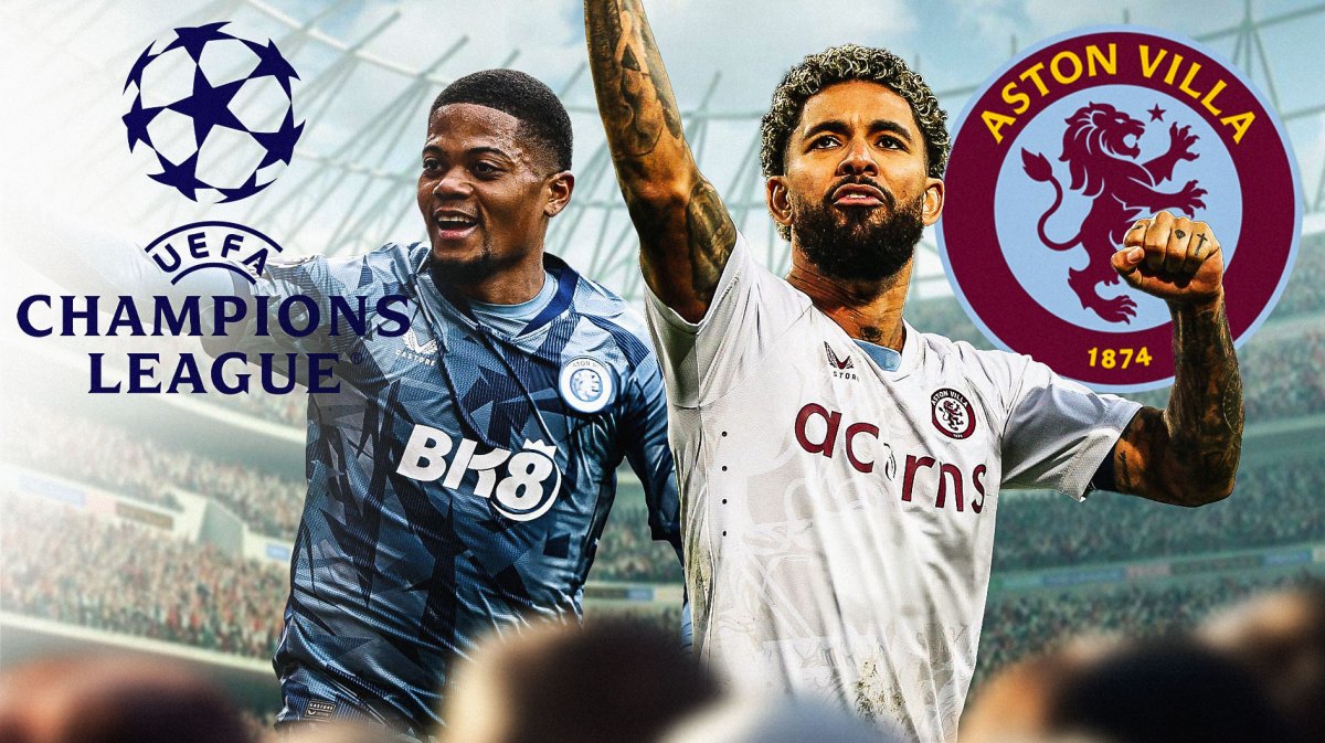 Leon Bailey and Douglas Luiz celebrating in front of the Aston Villa and Champions league logos