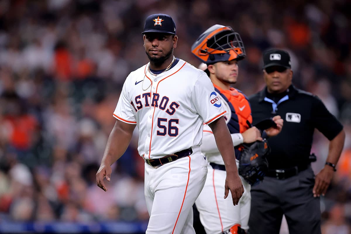 Houston Astros starting pitcher Ronel Blanco (56) reacts after being ejected prior to the fourth inning against the Oakland Athletics at Minute Maid Park.