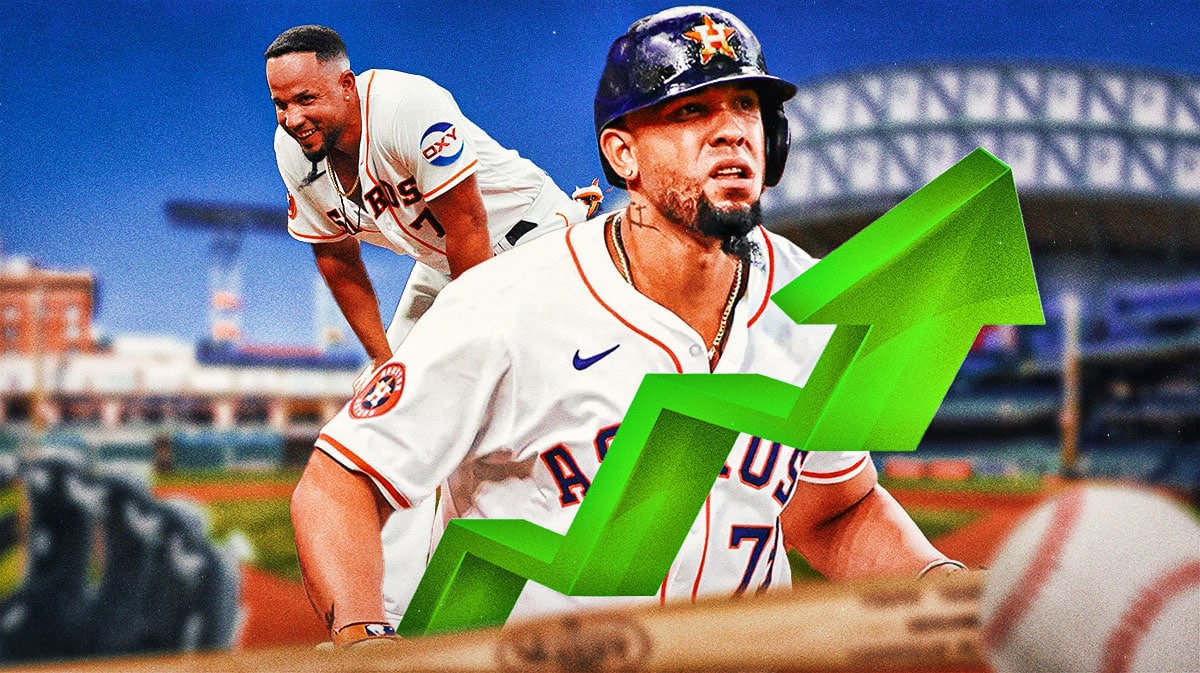 Jose Abreu with green arrow to indicate stock rising. Astros stadium in background.