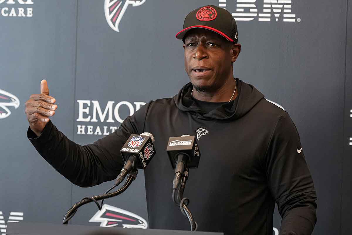 May 10, 2024; Flowery Branch, GA, USA; Atlanta Falcons head coach Raheem Morris is interviewed before the start of Rookie Minicamp at the Falcons Training Camp. Mandatory Credit: Dale Zanine-USA TODAY Sports
