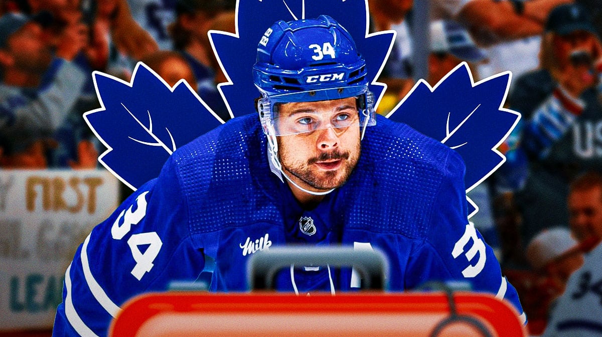 Auston Matthews in middle of image looking stern, first aid kit, Toronto Maple Leafs logo, hockey rink in background