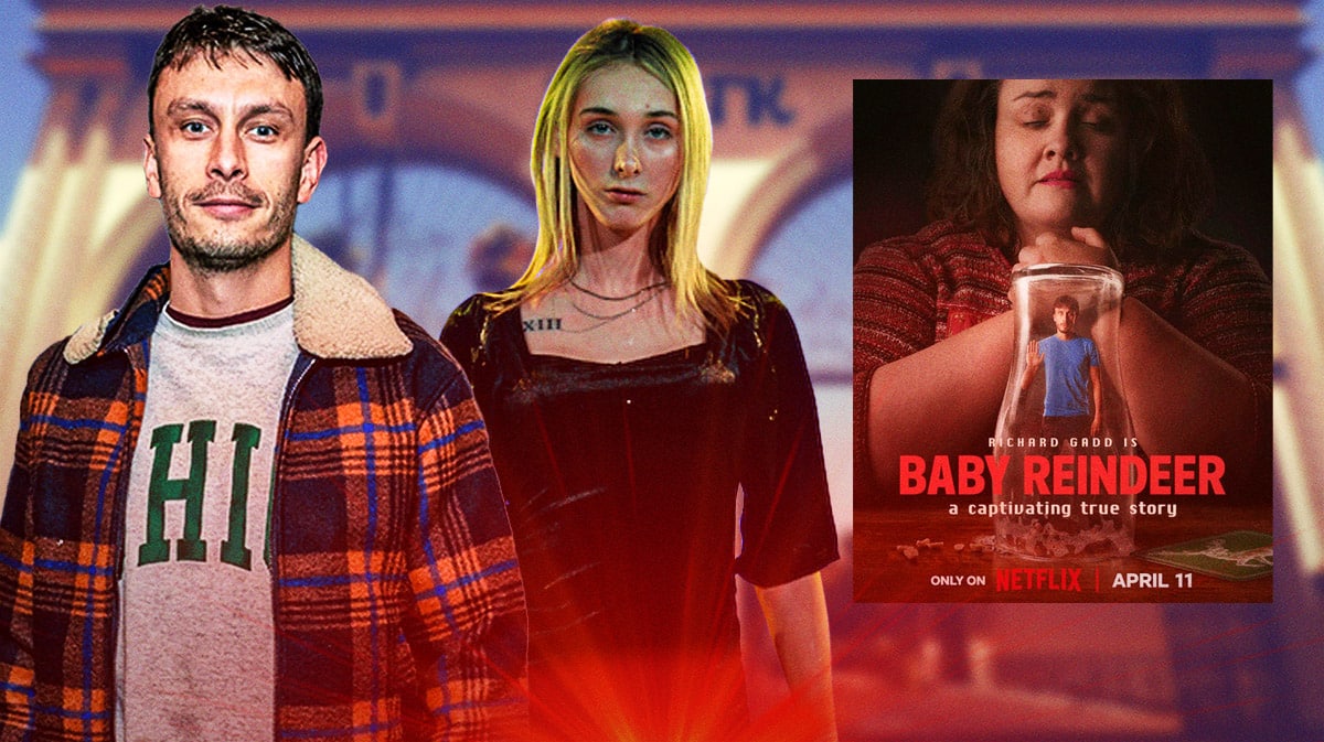 Richard Gadd, Reece Lyons and show poster for Netflix's Baby Reindeer