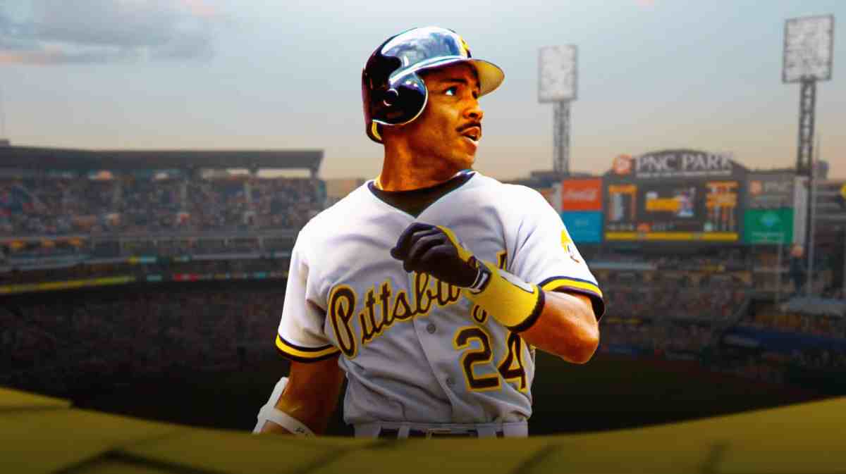 Pirates great Barry Bonds, with the team's current stadium, PNC Park, behind him