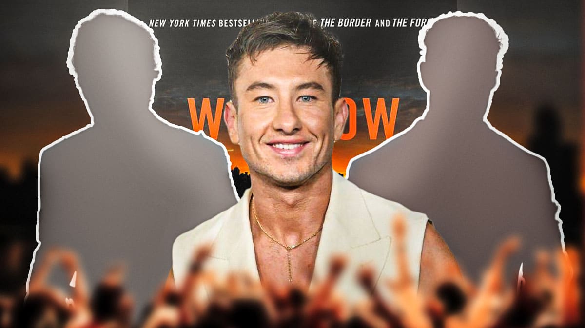 Don Winslow novella Crime 101 in background with Barry Keoghan and silhouettes of MCU Avengers stars Chris Hemsworth and Mark Ruffalo.