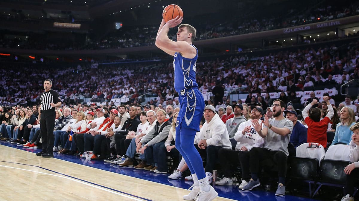 Creighton Bluejays guard Baylor Scheierman (55) takes a three-point shot in the first half against the St. John's Red Storm at Madison Square Garden.