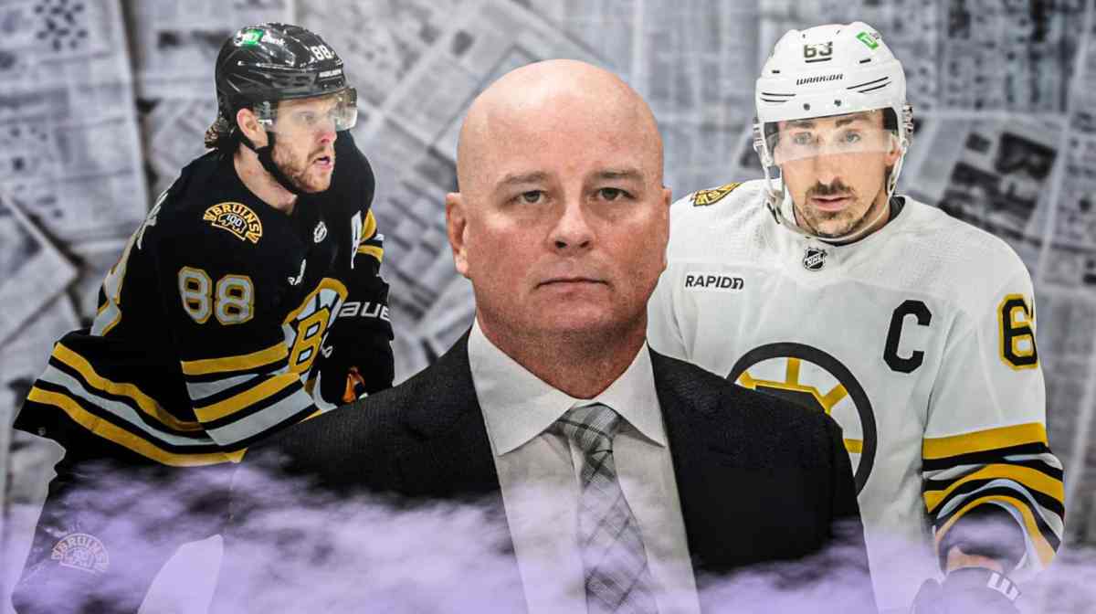 A newspaper as the background, Jim Montgomery in the middle, David Pastrnak on one side, Brad Marchand on the other side