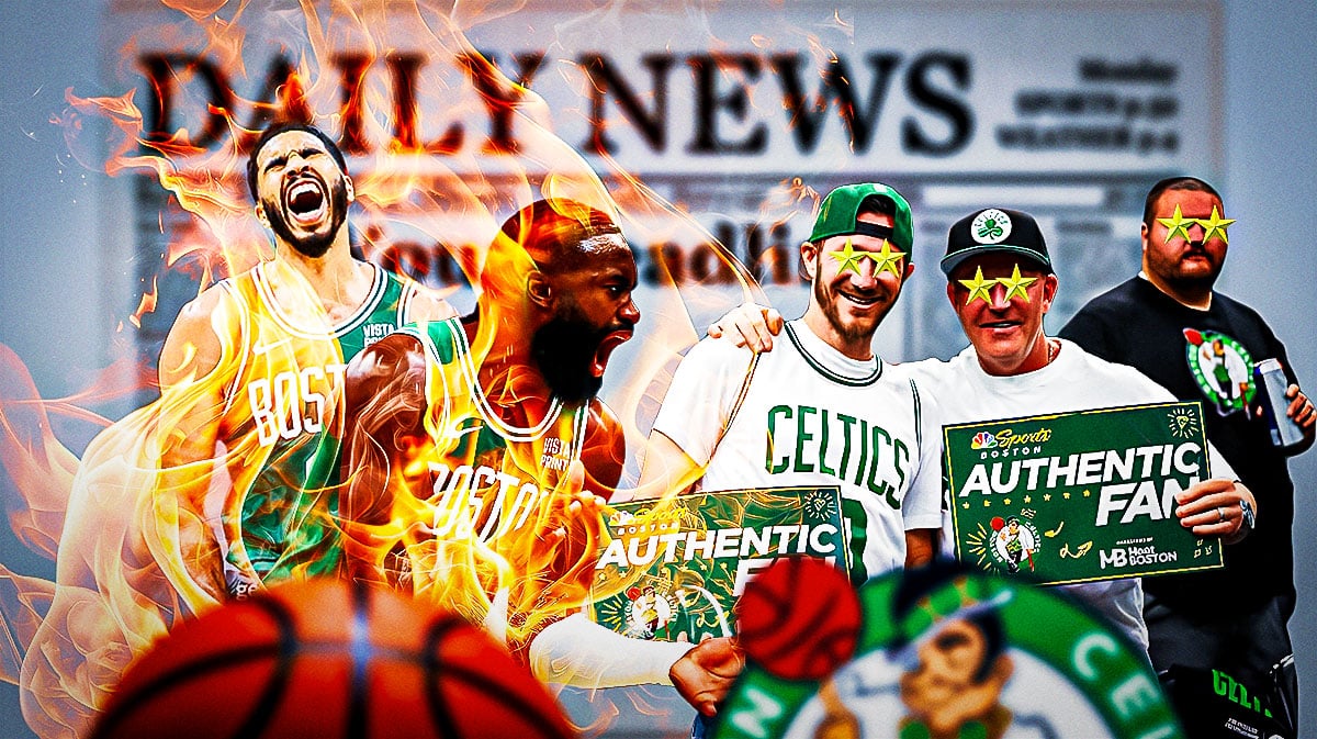 A newspaper as the background, Jayson Tatum and Jaylen Brown on one side on fire, a bunch of Boston Celtics fans on the other side with stars in their eyes
