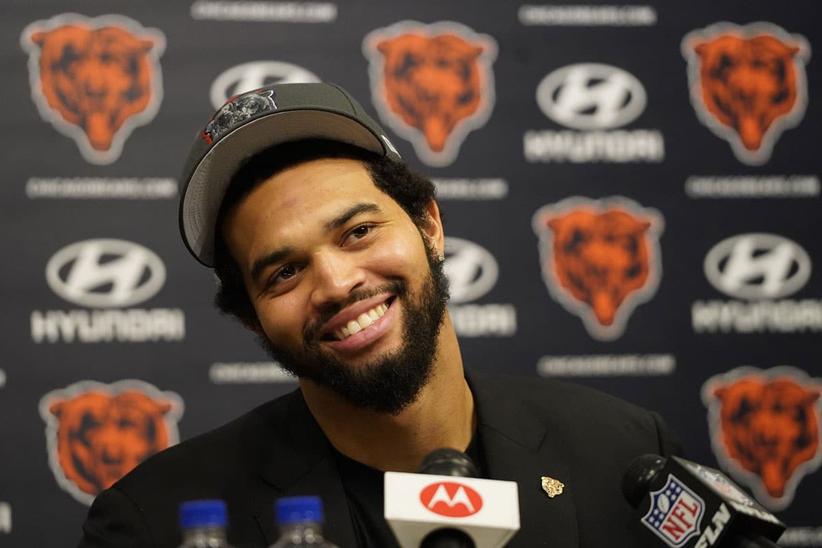 Chicago Bears number one draft choice Caleb Williams at a press conference at Halas Hall.