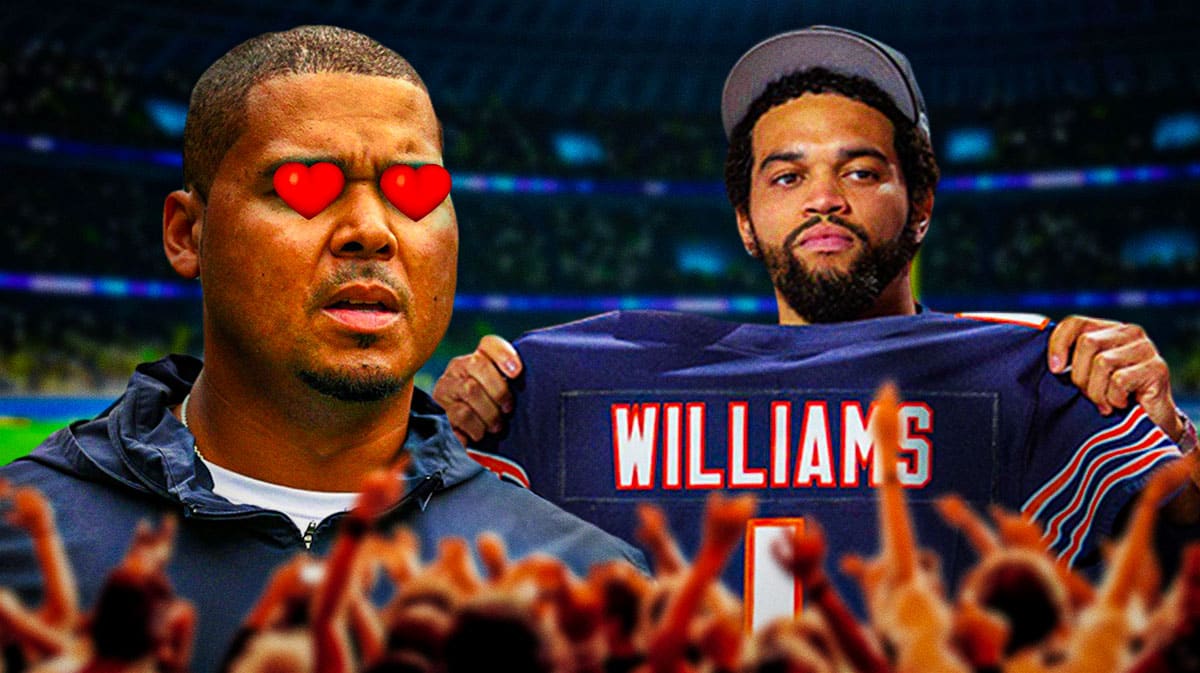 Ryan Poles with heart eyes looking at Caleb Williams in Bears gear