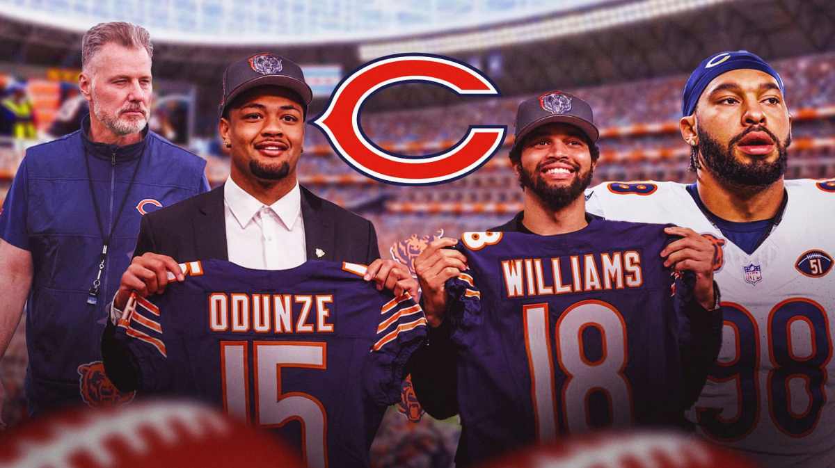 Bears logo with Bears players Caleb Williams, Rome Odunze, Montez Sweat, head coach Matt Eberflus