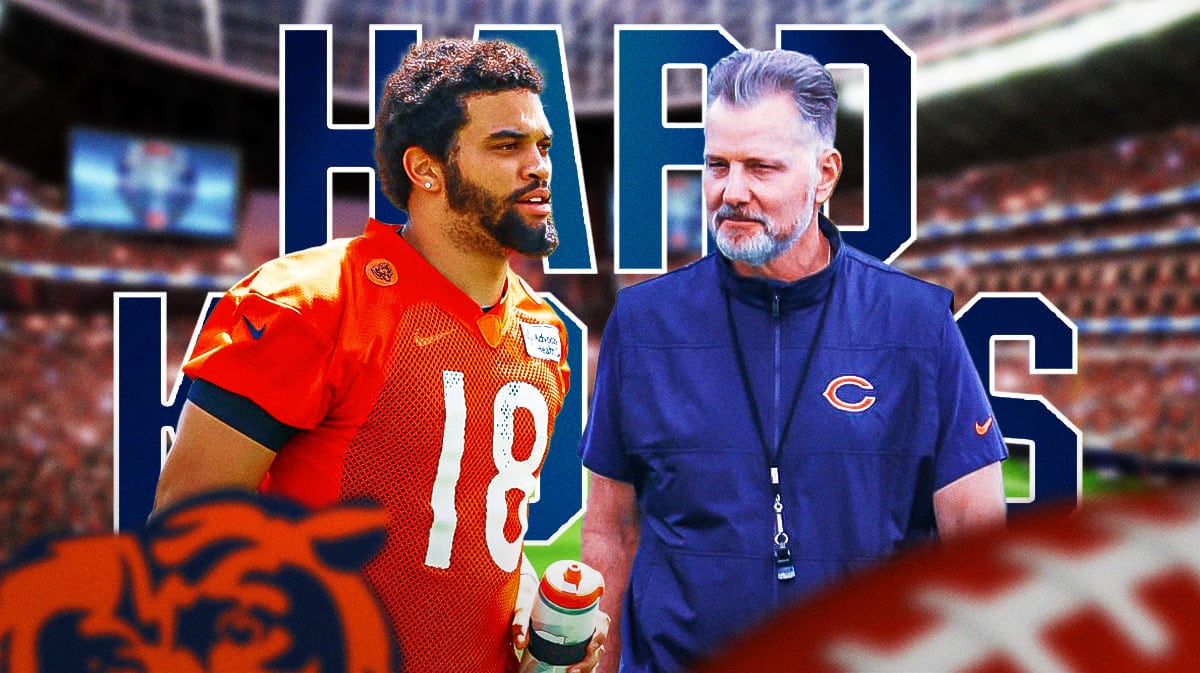 Chicago Bears QB Caleb Williams with head coach Matt Eberflus and a logo for HBO’s Hard Knocks. There is also a logo for the Chicago Bears.