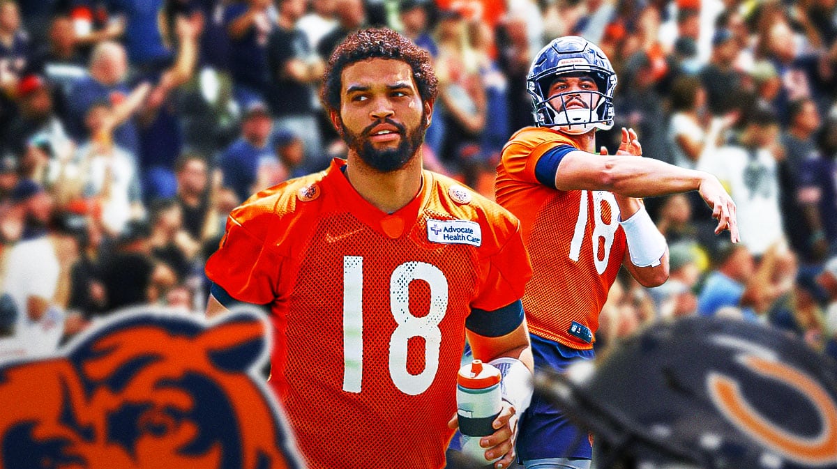 Caleb Williams with Bears fans in background.