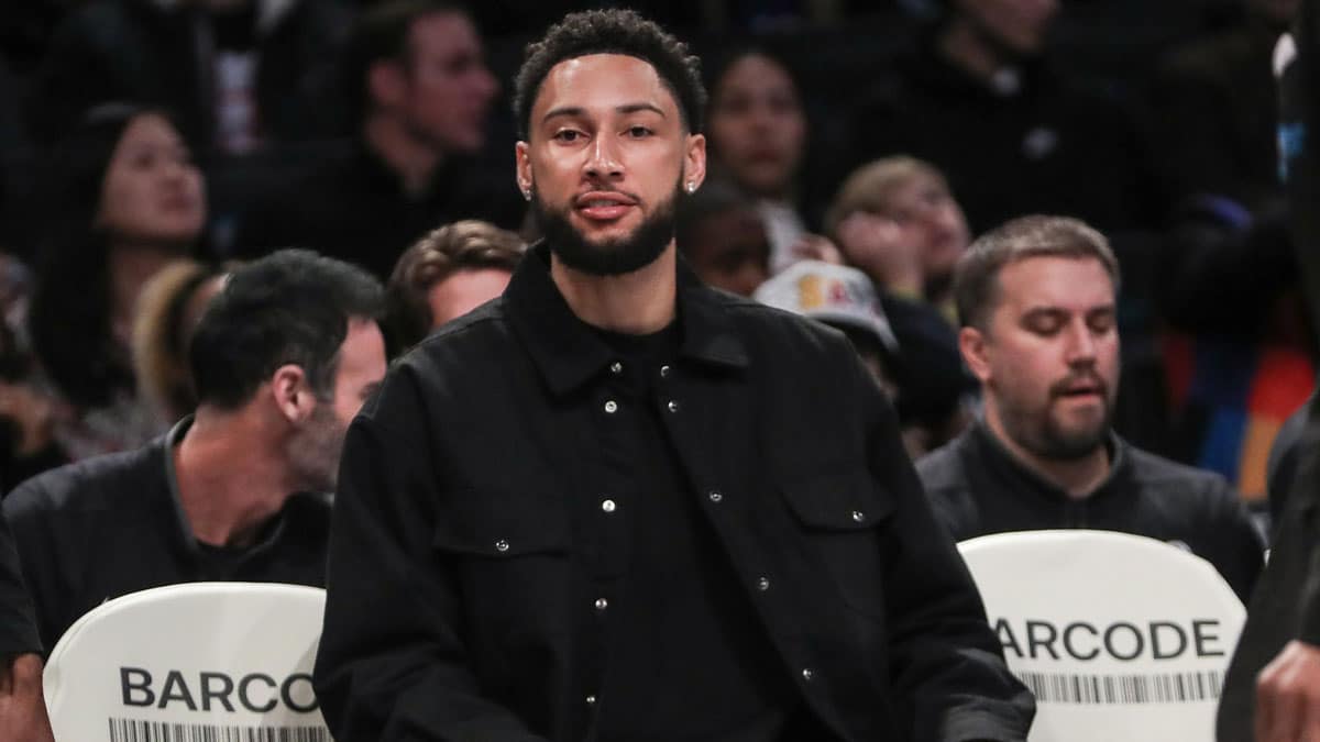 Brooklyn Nets guard Ben Simmons (not in uniform) sits on the bench in the first quarter against the Atlanta Hawks at Barclays Center.
