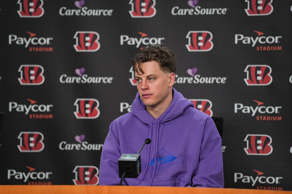 Bengals quarterback Joe Burrow speaks to the media during a press conference on the first day of the off season for the Bengals at Paycor Stadium on Monday January 8, 2024