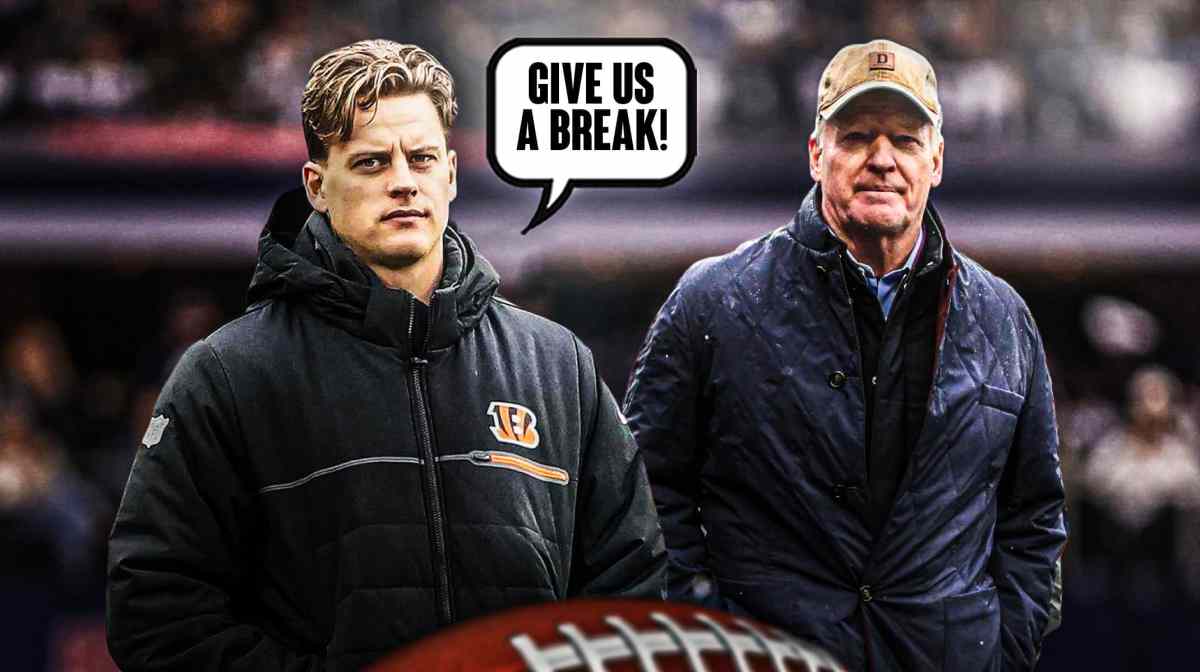 Cincinnati Bengals QB Joe Burrow next to NFL Commissioner Roger Goodell. Burrow has a speech bubble that says “Give us a break!”