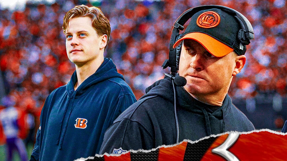 Cincinnati Bengals head coach Zac Taylor with QB Joe Burrow. There is also a logo for the Cincinnati Bengals.