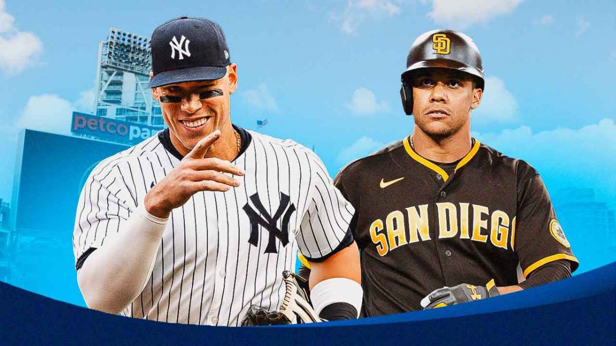 Yankees' Aaron Judge on left, Padres' Juan Soto on right. Place Petco Park in background.