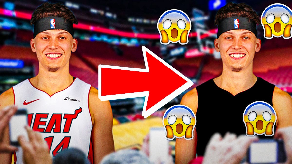 Tyler Herro in a Miami Heat jersey on one side with an arrow pointing to Tyler Herro in a blank uniform on the other side, a bunch of shocked emojis in the background