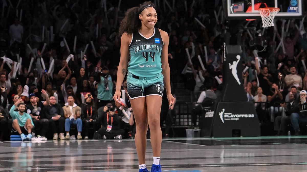 New York Liberty forward Betnijah Laney (44) reacts after scoring a basket against the Connecticut Sun during the second half of game two of the 2023 WNBA Playoffs at Barclays Center. 