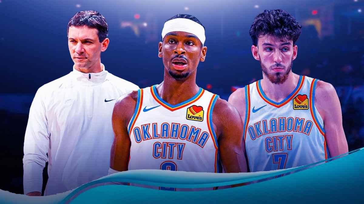 Shai Gilgeous-Alexander, Chet Holmgren and Mark Daigneault with the Thunder arena in the background, offseason free agency roster