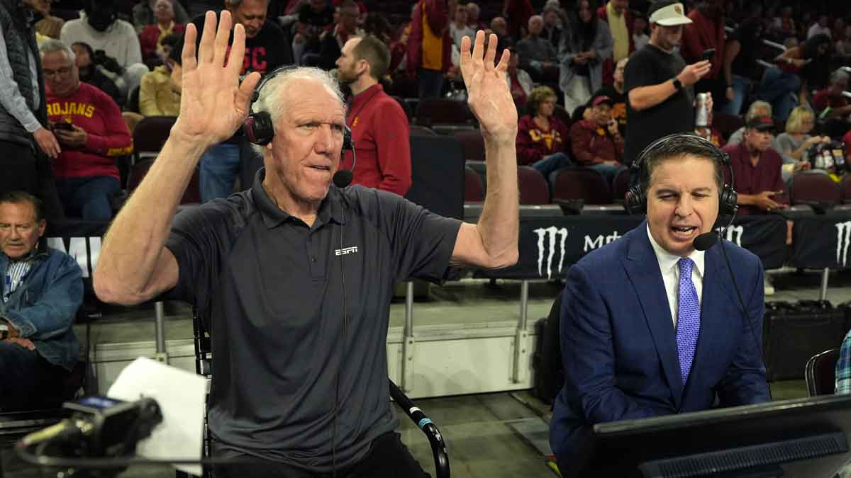 Analyst Bill Walton (left) and play-by-play announcer Roxy Bernstein during the game between the Southern California Trojans and the UCLA Bruins