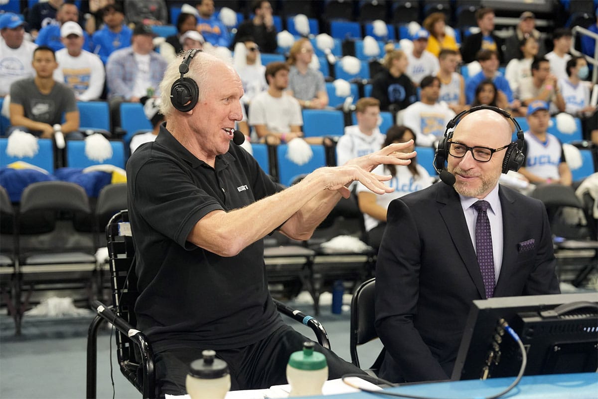 ESPN analyst Bill Walton (left) and play-by-play announcer Dave Pasch during the game between the UCLA Bruins and the Maryland Terrapins at Pauley Pavilion presented by Wescom.