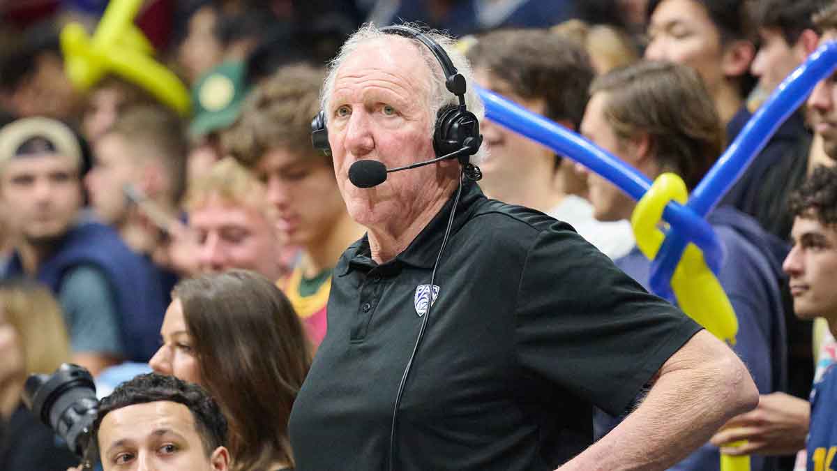 Pac-12 Networks men's basketball commentator Bill Walton watches the game between the California Golden Bears and the USC Trojans during the second half at Haas Pavilion. 